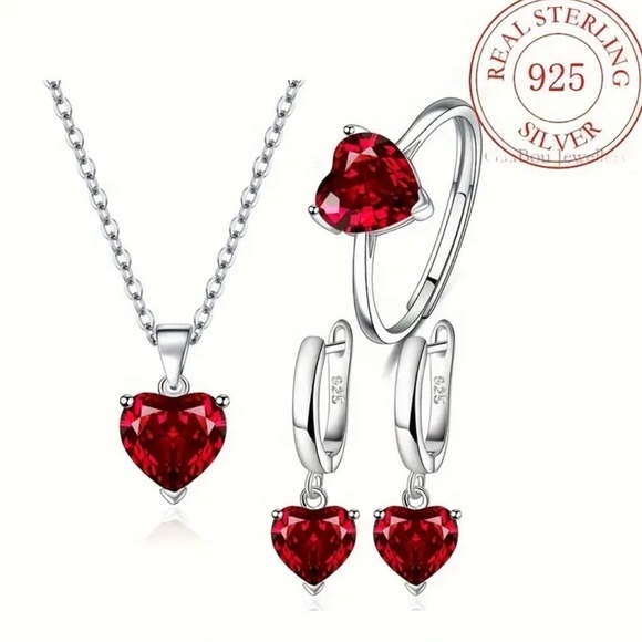 Sterling Silver 925 Red Heart Necklace, Earrings and Ring Set NWT - Picture 9 of 10